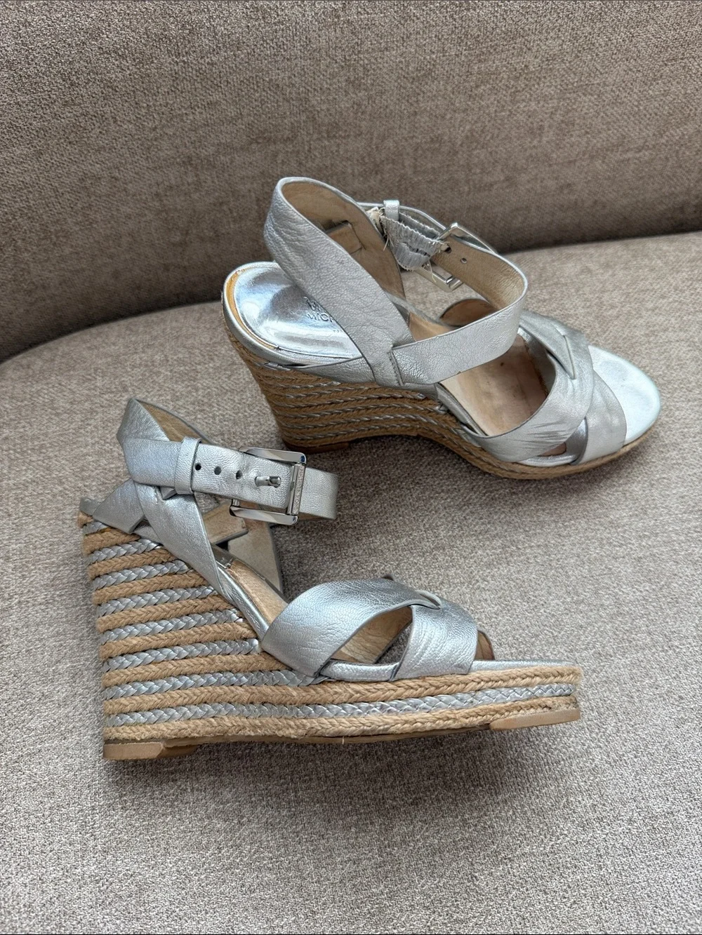 Michael Kors Metallic Silver Leather Espadrille Wedges